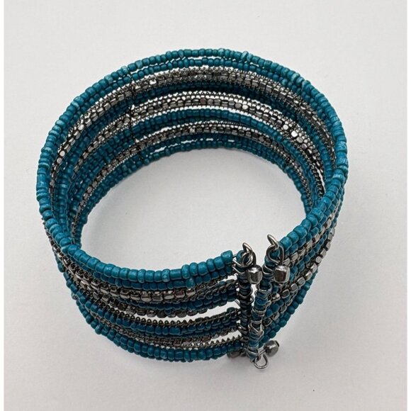 Blue & Silver Beaded Coil Bracelet Stretch Design Silver Tone Bohemian Style - Picture 5 of 6